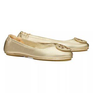 Tory Burch Minnie Travel Ballet Flats in gold metallic leather, size 8.5